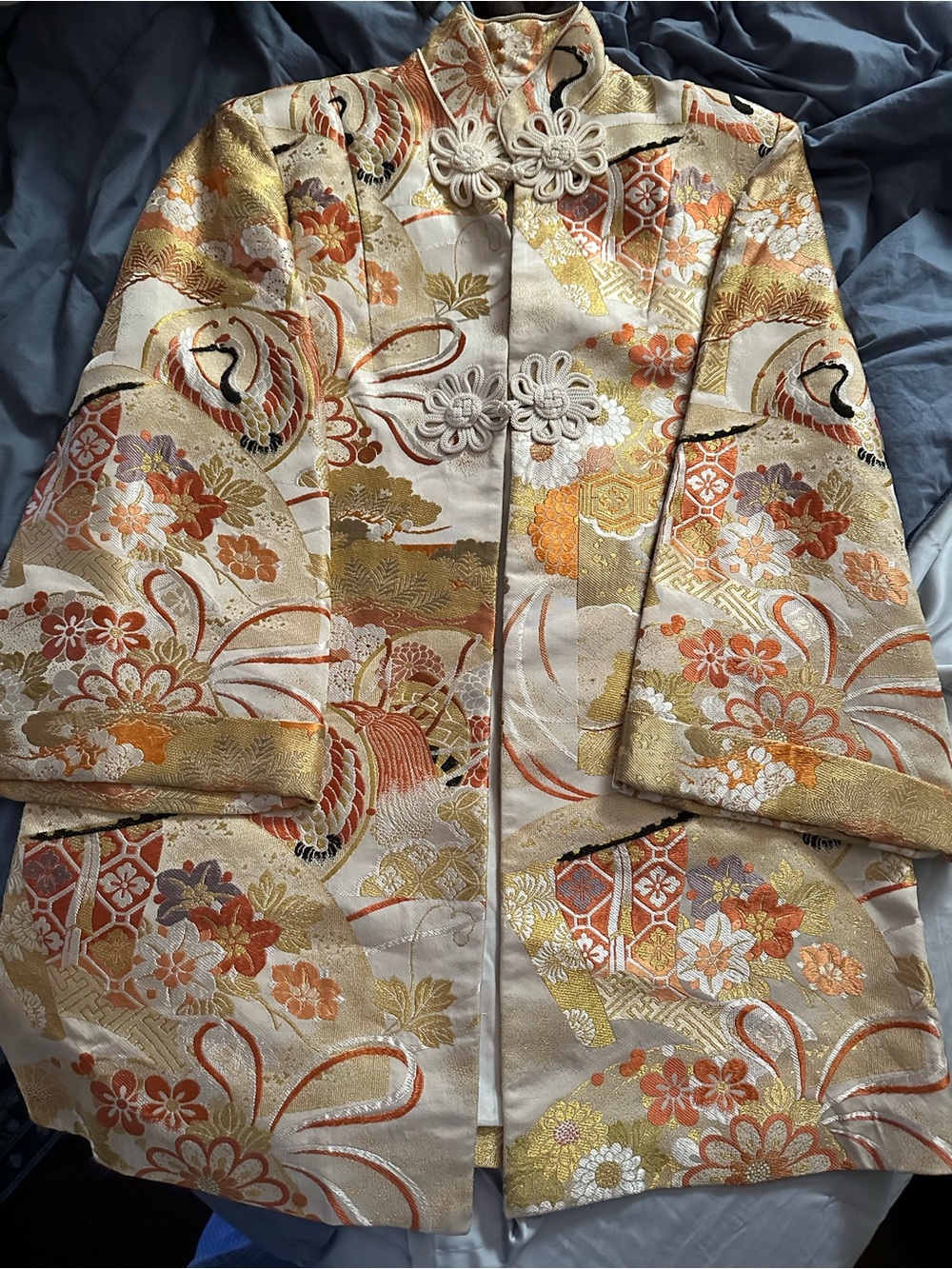 Vtg 1940s Shiga Co Kyoto Japan Silk Brocade Obi Jacket Evening Coat Mandarin M